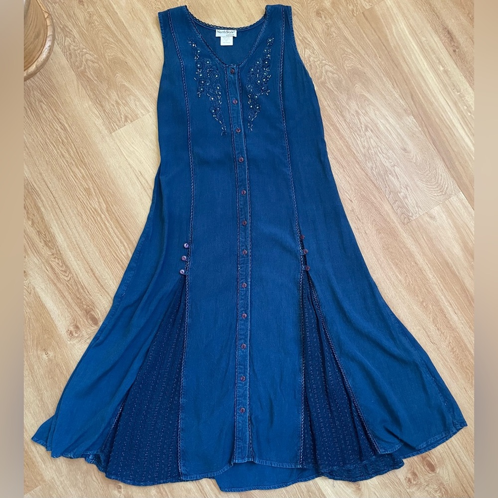 Vintage denim dress midi sleeveless v-neck blue beaded large NorthStyle retro